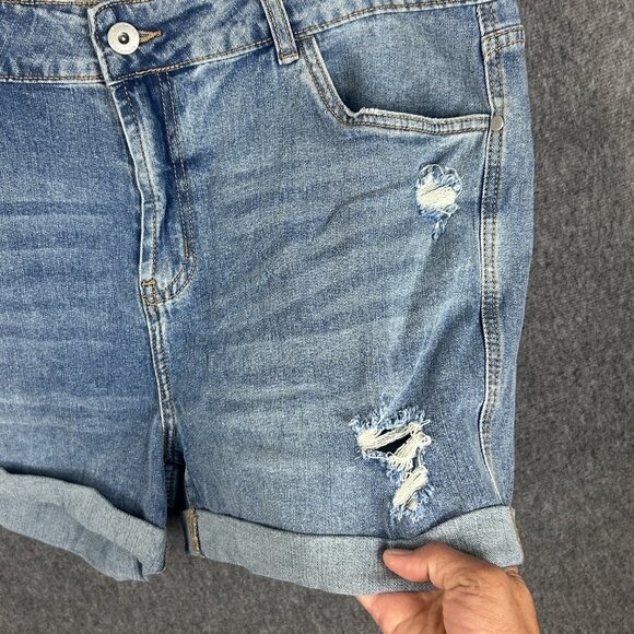 BloomChic Denim Shorts Womens 16 Blue Distressed Rolled Hem Mid Rise Stretch Poc - Picture 9 of 16